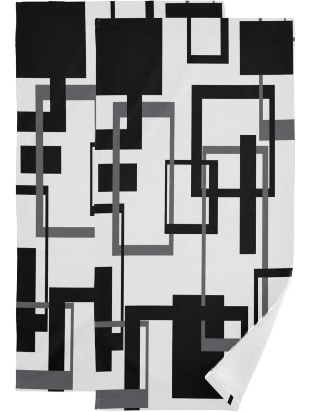 Set of 2 Black & White Geometric Hand Towels - Absorbent Microfiber, Modern